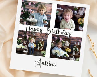 May include: A white photo card with four images of a child, flowers, and the text "Happy Birthday Antoine." The images are arranged in a square, with the text in a script font.