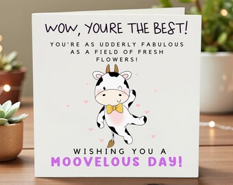 Verjaardagskaart grappige koe, schattige uierachtige fantastische wenskaart, moovelous dag woordspelingkaart voor beste vriend, cadeau koeienliefhebber