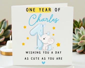 Personalisierte 1. Geburtstagskarte, Benutzerdefinierte erste Geburtstagskarte, Elefant Geburtstagskarte, Baby erster Geburtstag, ein Jahr alte Karte, 1
