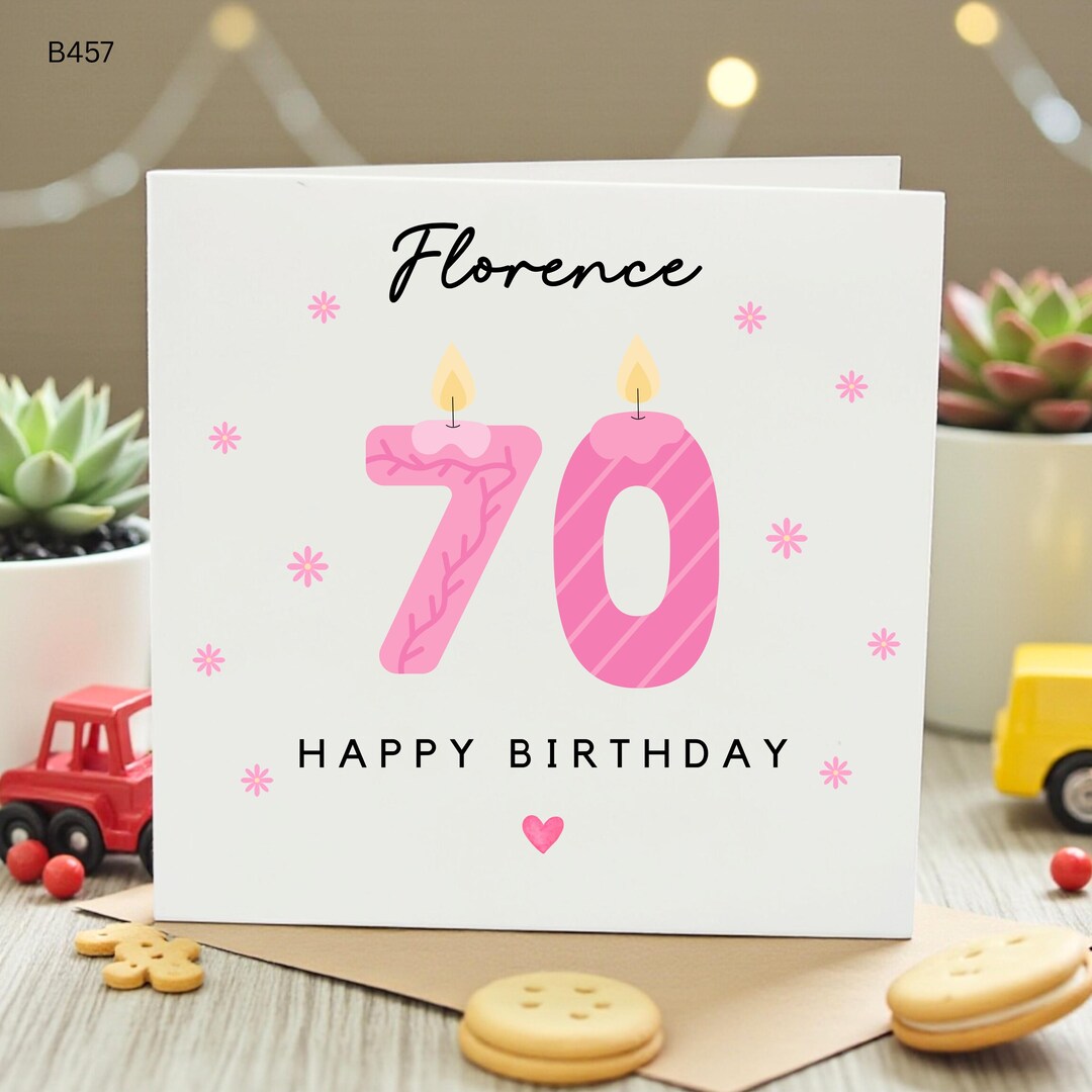 Personalised 70th Birthday Card for Her, Pink Number 70 Candle Card ...
