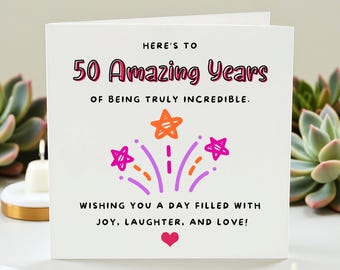 50th Birthday Card, Personalised 50 Amazing Years Card, Milestone Birthday Card for Her Him, Funny 50th Birthday Gift