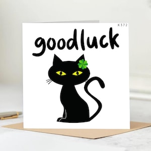 Good Luck Card with Cute Black Cat and Four-Leaf Clover – Charming Handmade Greeting Card for Encouragement and Positive Wishes