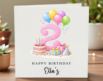 May include: A white birthday card featuring a pink number 2, balloons, a cake, and presents. The card reads "Happy Birthday" and "Ella's". The balloons are blue, yellow, pink, purple, and green. The cake has candles.