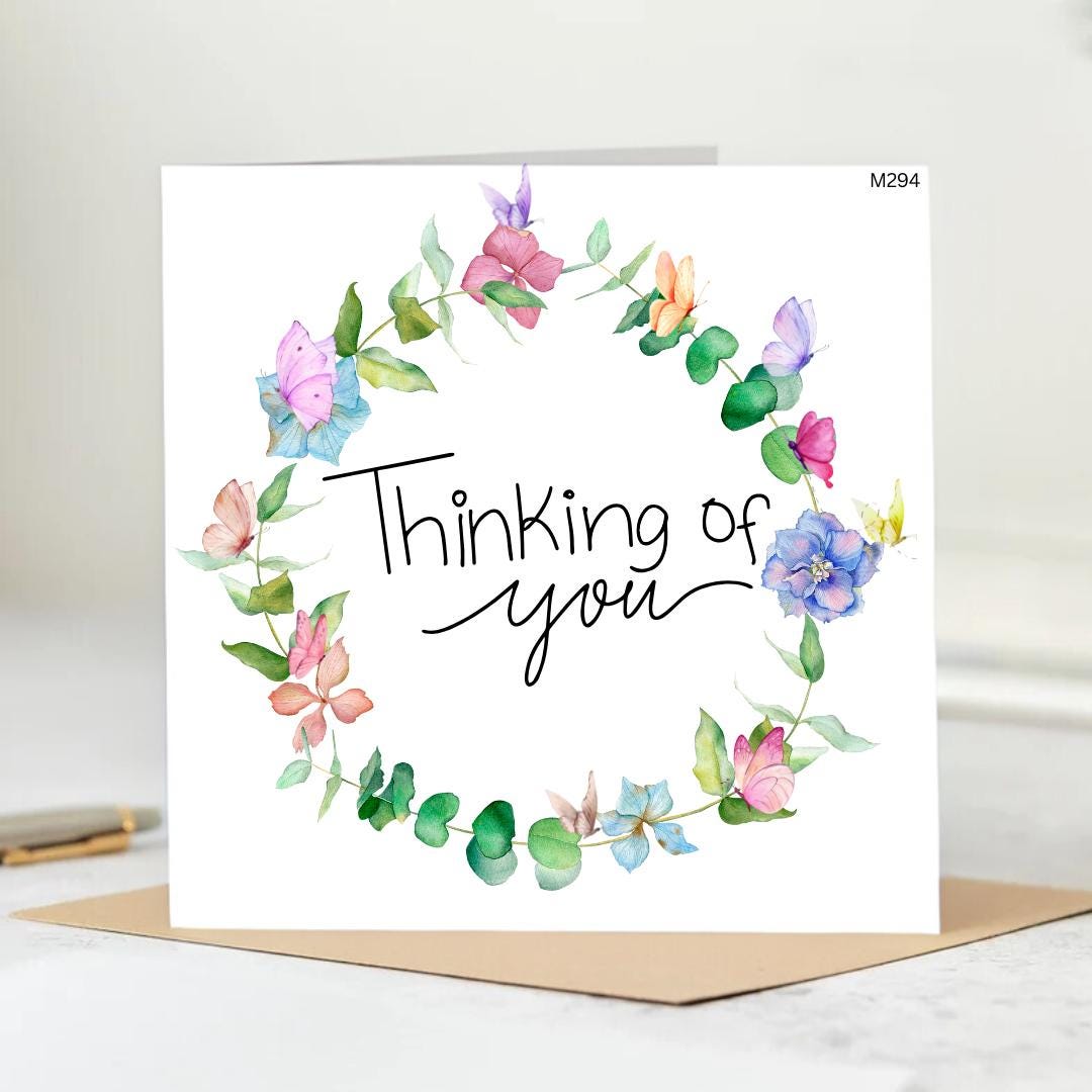 Thinking of You Card – Floral Wreath Greeting Card With Butterflies ...