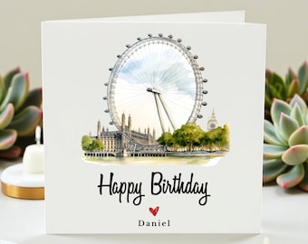 Tarjeta de cumpleaños personalizada de Londres para Daniel, ilustración personalizada del London Eye y el Big Ben, regalo emblemático británico para él, tarjeta para amantes de los viajes.