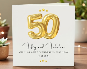 Cartão de aniversário personalizado de 50 anos, Cinquenta e Fabulosa, Aniversário de 50 anos em dourado, Presente de aniversário marcante, Cartão de aniversário personalizado para ela, Cartão de 50 anos