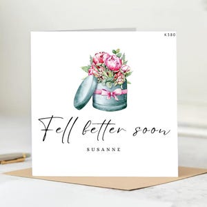 Tarjeta personalizada &quot;Mejórate pronto&quot; - Elegante diseño floral en caja de regalo - Tarjeta personalizada con nombre &quot;Mejórate pronto&quot; para ella - Susanne