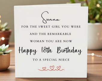 Tarjeta de cumpleaños número 18 personalizada para sobrina, tarjeta de cumpleaños con nombre personalizado, regalo de cumpleaños número 18 para ella, cumpleaños especial de sobrina, dulce cumpleaños número 18