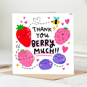 Berry Cute Thank You Card – Punny Kawaii Berry Thank You Card – Funny Gratitude Note,Thank You Card with Berries ,Funny Thank You Card
