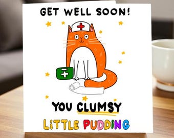 Funny Get Well Soon Card, Clumsy Cat Get Well Greeting, Cute Animal Recovery Card