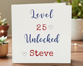 Funny 25th Birthday Card, Personalized Level Unlocked Card, Gamer Birthday Gift, Milestone Birthday Card for Him, Custom Name Card