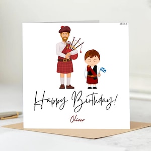 Personalised Scottish Birthday Card-Highland Bagpiper & Boy in Kilt, Cute Tartan Design-Classic London Birthday Card– British Greeting Card