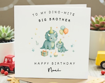Personalized Dinosaur Big Brother Birthday Card, Custom Name Dino-Mite Birthday Card for Brother, Cute Watercolor Dinosaur Card for Boys