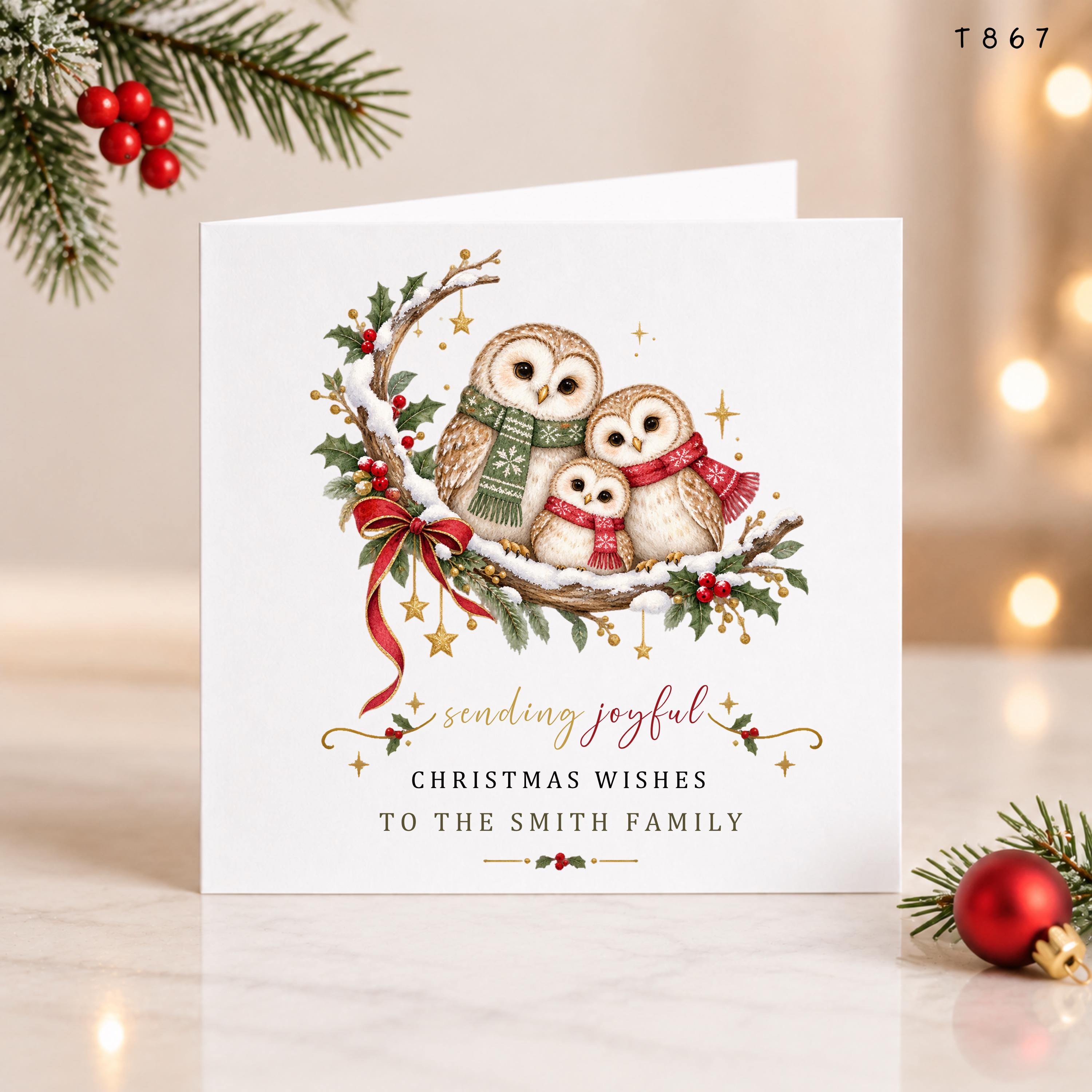 Personalised Christmas Card Family, Cute Owls Xmas Card, Custom Family Name Christmas Card, Cute Owl
