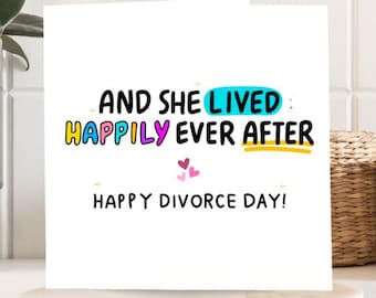 Tarjeta divertida para el Día del Divorcio: "Y vivió feliz para siempre" - Saludo personalizado, regalo sarcástico para el divorcio, tarjeta ingeniosa para anunciar el divorcio