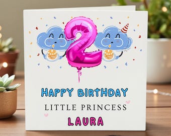 Personalized 2nd Birthday Card for Daughter, Happy Birthday Little Princess Card, Custom Name 2 Year Old Birthday Card for Girl