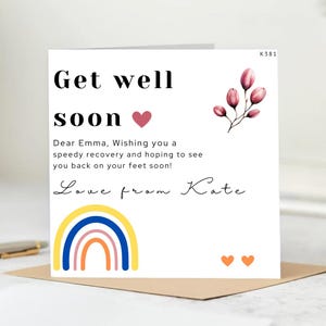 Tarjeta personalizada de &quot;Que te mejores pronto&quot; - Deseo de pronta recuperación - Nombre y mensaje personalizados - Diseño floral y arcoíris - Saludo de ánimo reflexivo
