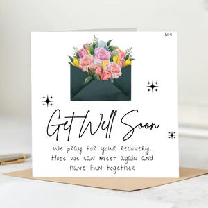 Tarjeta de pronta recuperación con un hermoso sobre floral: fomenta la recuperación y la amistad. Tarjeta de felicitación con deseos de sanación.