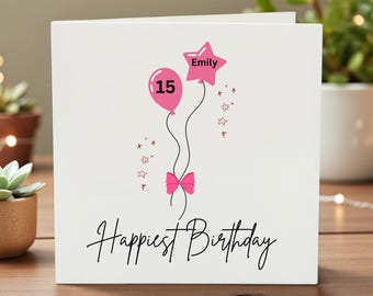 Gepersonaliseerde 15e verjaardagskaart voor dochter, gelukkige 15e verjaardag Emily aangepaste naamkaart, 15 jaar oude verjaardagscadeau voor meisje, roze ballon