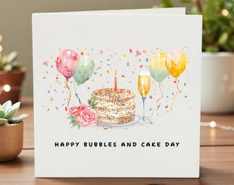 Personalized Bubbles and Cake Birthday Card, Watercolor Champagne & Cake Design, Custom Birthday Card for Her, Luxury Prosecco Birthday Gift