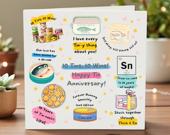 Tarjeta de aniversario de 10 años en lata, tarjeta personalizada de 10 años de amor, regalo divertido de aniversario en lata, linda tarjeta de 10 años juntos