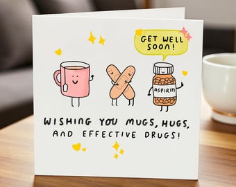 Funny Get Well Soon Card, Humorous Get Well Greeting, Get Well Mug, Bandages & Aspirin, Cheer Up Card, Cute Hospital Card