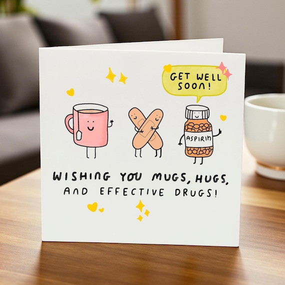 Funny Get Well Soon Card, Humorous Get Well Greeting, Get Well Mug, Bandages & Aspirin, Cheer Up Card, Cute Hospital Card