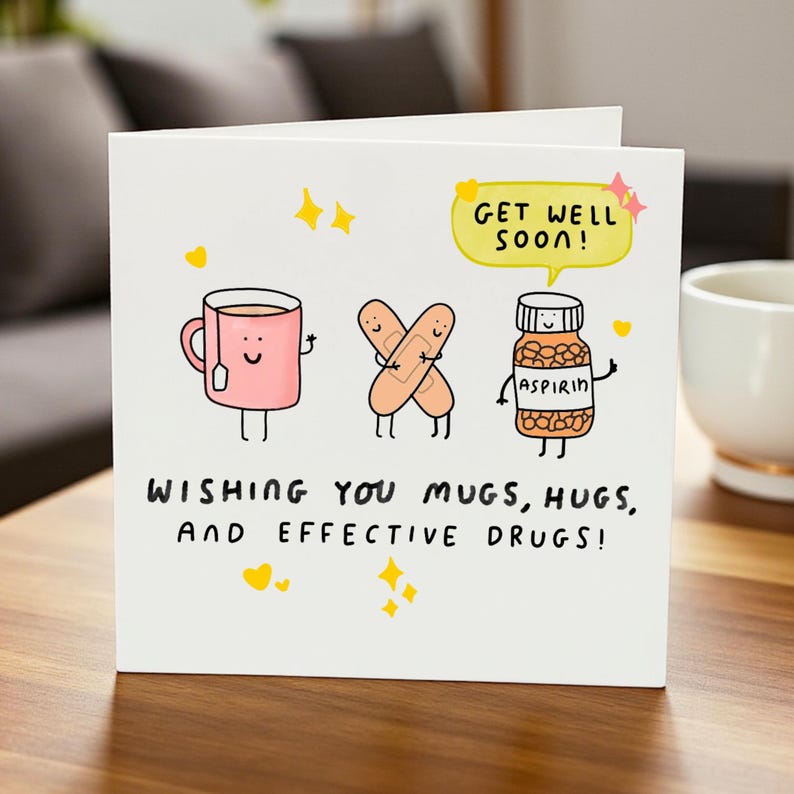 Funny Get Well Soon Card, Humorous Get Well Greeting, Get Well Mug, Bandages & Aspirin, Cheer Up Card, Cute Hospital Card image 1