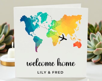Personalized Welcome Home Card: World Map & Airplane Greeting