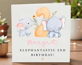 Personalised 2nd Birthday Card Elephant Theme Custom Name Card Cute Toddler Gift Baby Birthday Card Fun Elephant Design Card