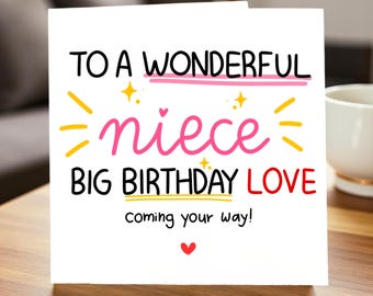 To a Wonderful Niece Birthday Card, Big Birthday Love Coming Your Way, Cute Colorful Birthday Card for Niece from Auntie or Uncle, Girl Bday