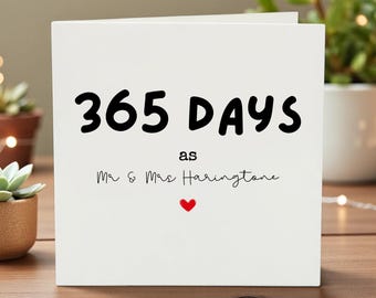 1e verjaardagskaart voor man-vrouw, 365 dagen heer en mevrouw, eenjarig jubileumcadeau, gepersonaliseerde jubileumkaart, eerste verjaardag