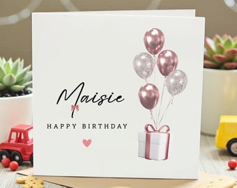 Personalised Happy Birthday Card with Rose Gold Balloons, Custom Name Birthday Card for Her, Elegant Birthday Card for Sister, Daughter,