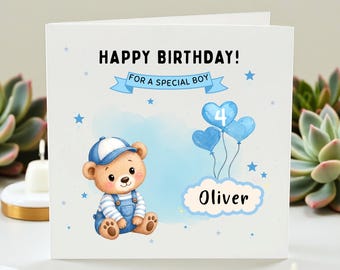 Personalized 4th Birthday Card for Boy, Custom Name Teddy Bear Birthday Card for Son, Happy Birthday For A Special Boy , Blue Balloon