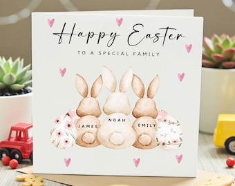 Happy Easter Card for Special Family, Cute Bunnies with Personalised Names, Perfect for Easter Celebration, Custom Family Greeting Card