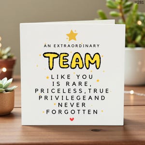 Peut inclure: Une carte blanche avec l'inscription "AN EXTRAORDINARY TEAM" en noir et jaune. La carte contient également les phrases "LIKE YOU IS RARE, PRICELESS, TRUE, PRIVILEGE AND NEVER FORGOTTEN" en noir, avec un cœur rouge en bas.