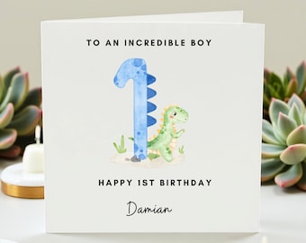 Personalized 1st Birthday Card Boy, Dinosaur First Birthday Card, Custom Name Age 1 Greeting Card, Incredible Boy 1st Birthday Gift, Damian