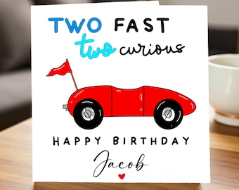 Tarjeta de cumpleaños "Two Fast Two Curious", tarjeta de coche para el segundo cumpleaños, tarjeta de cumpleaños personalizada para niño, tarjeta de cumpleaños de coche de carreras, tarjeta para niño de 6x6