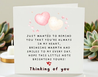 Thinking Of You Card For Friend, Just Because Card, Heart Balloon Love Note, Cute Support Encouragement Card For Her Him