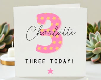 Personalized 3rd Birthday Card for Girl, Custom Name Card Three Today, Pink Star Birthday Card for Daughter, Niece 3rd Birthday Gift,Toddler
