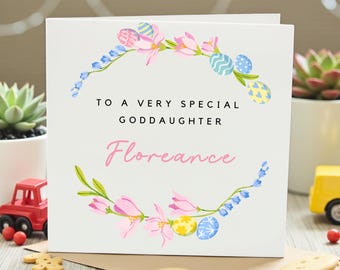 Biglietto di auguri di Pasqua per la figlioccia, motivo floreale con uova di Pasqua, personalizzato con nome, perfetto per la celebrazione della Pasqua, biglietto personalizzato