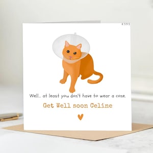 Get Well Soon Card for Cat Lovers-Funny Cat Cone Recovery Greeting Card - Personalized Get Well Card for Celine