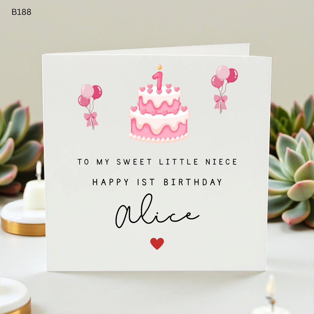 Personalized 1st Birthday Card Niece, Alice Custom Name Card, Pink ...