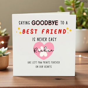 Puede incluir: Una tarjeta blanca con el texto "SAYING GOODBYE TO A BEST FRIEND IS NEVER EASY." Un corazón rosa con una huella de pata y el nombre "Richie" está en el centro. La parte inferior dice "HAS LEFT PAW PRINTS FOREVER ON OUR HEARTS."