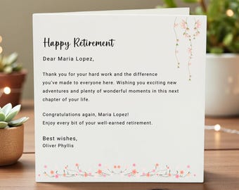Tarjeta de jubilación personalizada con mensaje interior, elegante tarjeta floral, saludo de jubilación personalizado para compañeros de trabajo y jefes.