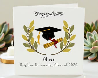 Personalised Graduation Card Custom Name University Graduation Card Degree Congrats Graduate Gift Elegant Illustration