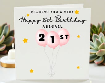 Personalized 21st Birthday Card for Her, Custom Name 21st Birthday Gift, Cute Balloon Greeting Card, Milestone Birthday Keepsake for Friend