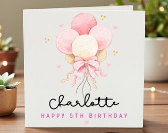 Personligt 5-årsdagskort för flickor, Anpassat namnkort med rosa ballonger, Till en speciell dotters 5-årsdag, Barnbarn 5 år