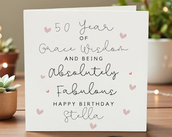 Personalized 50th Birthday Card for Her, Custom Name Fifty and Fabulous Card, Elegant 50 Birthday Keepsake, Special Luxury Milestone Card