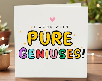 Tarjeta divertida para la oficina: Trabajo con auténticos genios. Regalo para compañeros de trabajo. Tarjeta de despedida. Agradecimiento en la oficina. Tarjeta para dejar el trabajo.